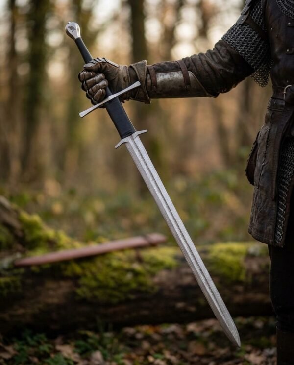 Damascus steel longsword with black leather grip, steel cross guard and down swept second guard held by a gloved hand in woods