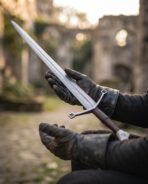Damascus steel longsword with leather wrapped grip resting across black gloved hands in front of castle ruins