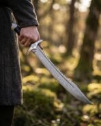 Damascus steel sawback short sword with serrated spine and knotwork guard held at the side in a sunlit forest