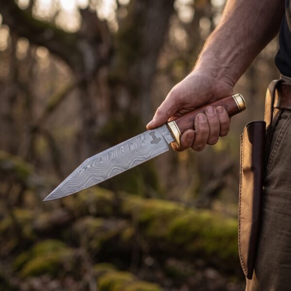 Damascus steel seax with broken back blade, rosewood handle and brass bolster held in hand, leather sheath on the belt behind