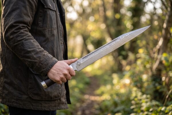 Damascus steel seax with a long straight back blade and black horn handle held at the side by a man in a waxed jacket on a wooded trail