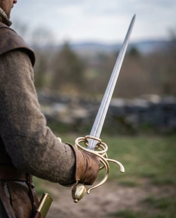 Damascus steel side sword with a brass toned swept hilt and knuckle bow held out over a green valley by a man in wool