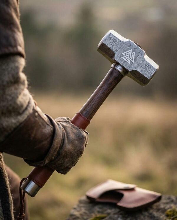 Damascus steel sledge hammer with valknut cut into the head held up in a worn leather glove outdoors