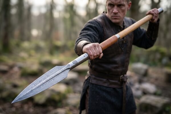 Damascus steel spear with ash haft held level in both hands by a man in a dark tunic among woodland ruins