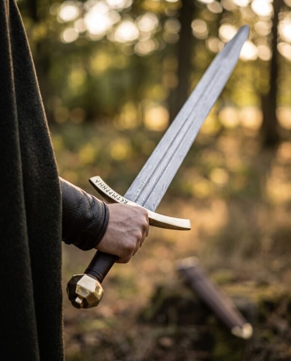 Damascus steel sword with rune cut brass guard and faceted brass pommel held point up in a hand at the edge of a sunlit wood