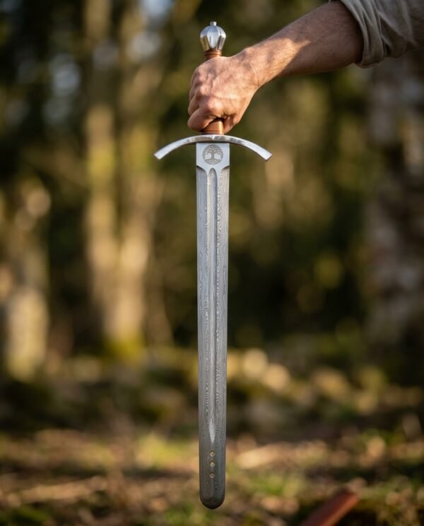 Damascus steel sword with tree of life roundel and central fuller held point down by the faceted pommel in a forest