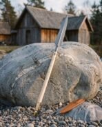 Damascus steel Viking spear with brass ferrule and ash haft resting diagonally on a large rock beside a tan point cover