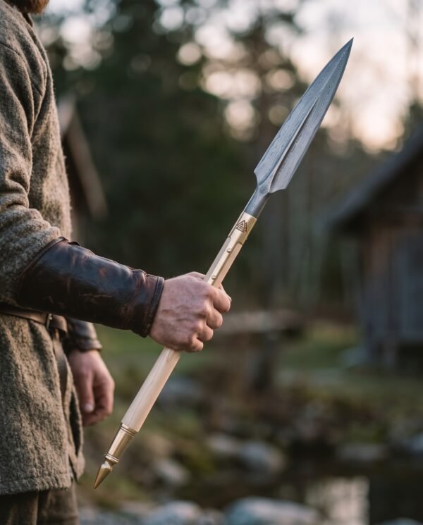 Damascus steel Viking spear with leaf shaped head and brass fittings held in a hand beside a wooden building