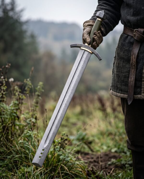 Damascus steel Viking sword with an olive green leather grip and arched steel guard held point down by a gloved hand in a heather field