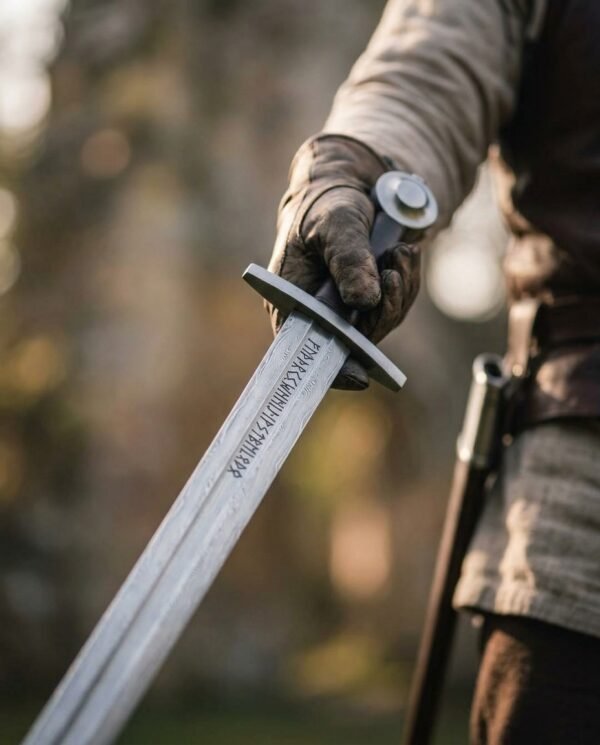 Damascus steel Viking sword with a rune engraved blade and wheel pommel held in a gloved hand, dark wood grip and scabbard at the hip