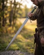 Damascus steel Viking sword with green wrapped grip and scrolled guard held point down by a bearded man in a meadow