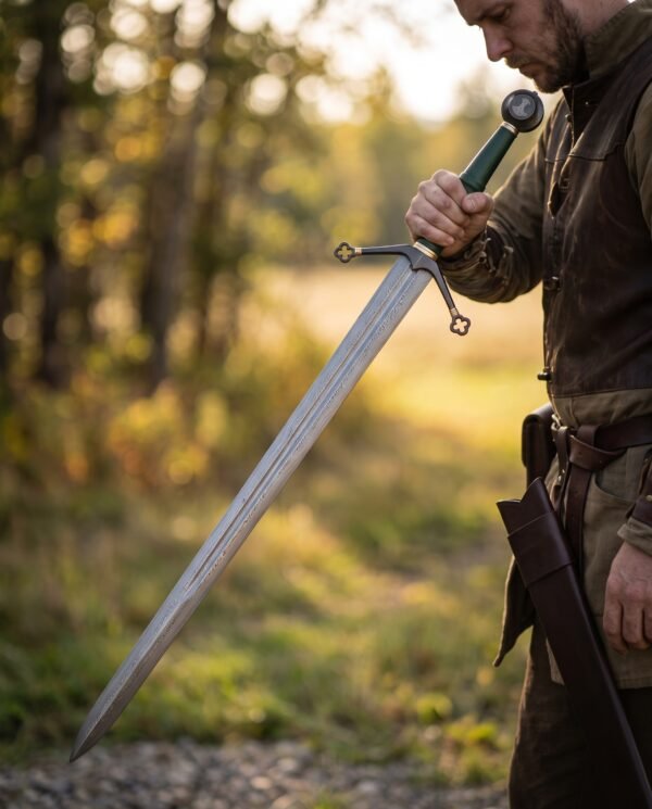 Damascus steel Viking sword with green wrapped grip and scrolled guard held point down by a bearded man in a meadow