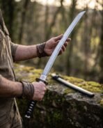 Damascus steel wakizashi held in two hands to show the blade pattern with its black saya on a mossy wall behind