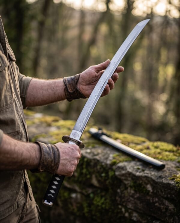 Damascus steel wakizashi held in two hands to show the blade pattern with its black saya on a mossy wall behind