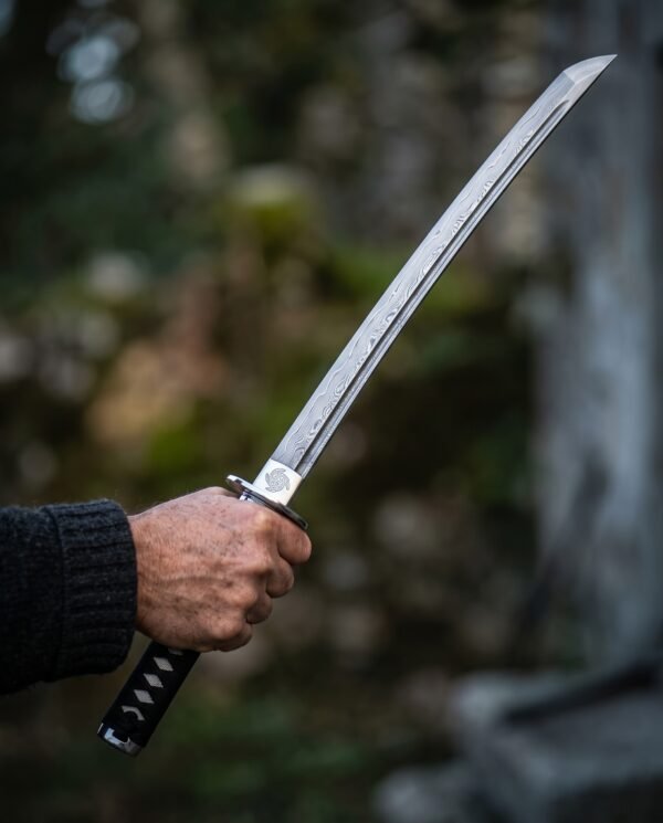 Damascus steel wakizashi with Celtic knot collar and black cord wrapped grip held up in one hand against a dark forest