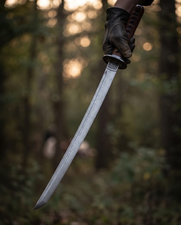 Damascus steel wakizashi with curved blade held in a gloved hand in a dark forest, knotwork tsuba in view