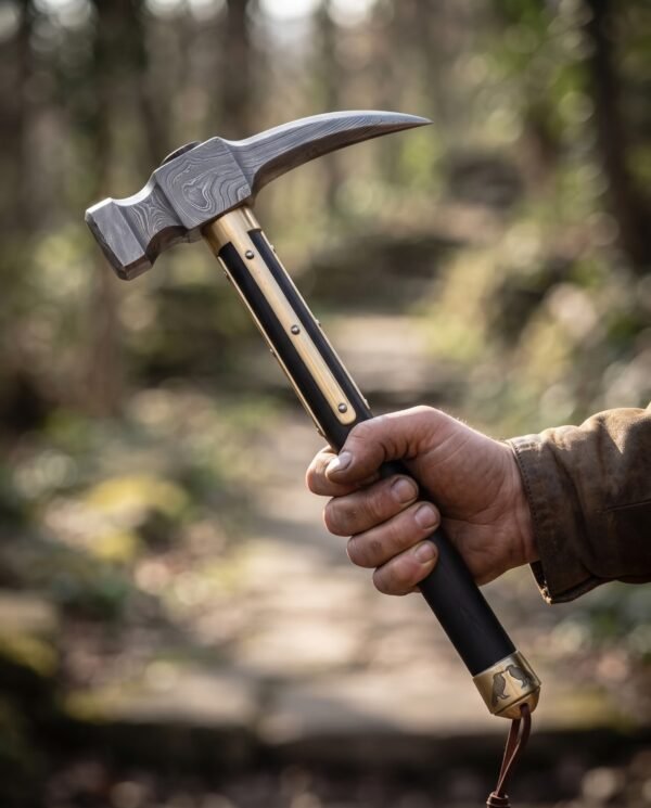Damascus steel war hammer with curved beak held up in one hand above a woodland path