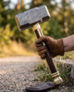 Damascus steel war hammer with flat faced head, brass collar and dark rosewood haft held in a leather gloved hand outdoors