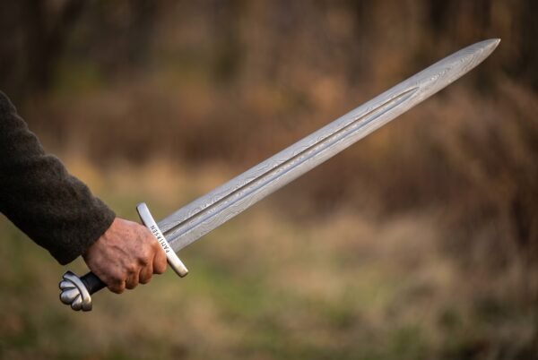 Damascus sword with five lobed pommel and runes on the guard held level in one hand, dry winter grassland behind