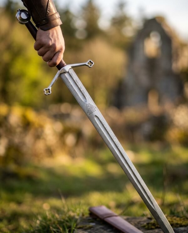 Damascus sword with engraved Valknut panel and quatrefoil guard held point down by a leather cuffed hand near a ruin