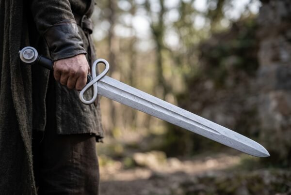 Damascus sword with figure of eight loop guard held point down at the side by a cloaked figure in a forest