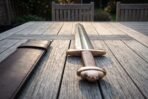 Damascus sword with five lobed pommel pointing away down a garden table with its leather scabbard alongside