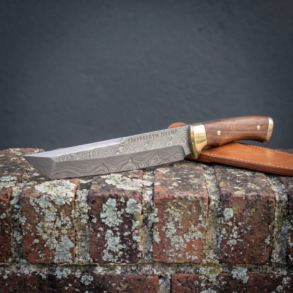 Damascus tanto knife with etched blade and walnut handle laid flat on an old brick wall, tan leather sheath behind Damascus tanto knife with etched blade and walnut handle laid flat on an old brick wall, tan leather sheath behind