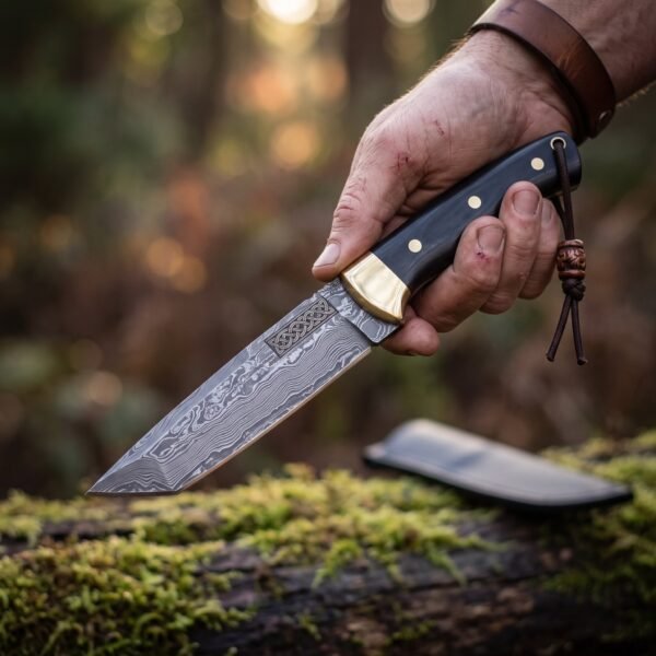 Damascus tanto knife with black scales, brass bolster and leather lanyard held over a mossy log near its black sheath