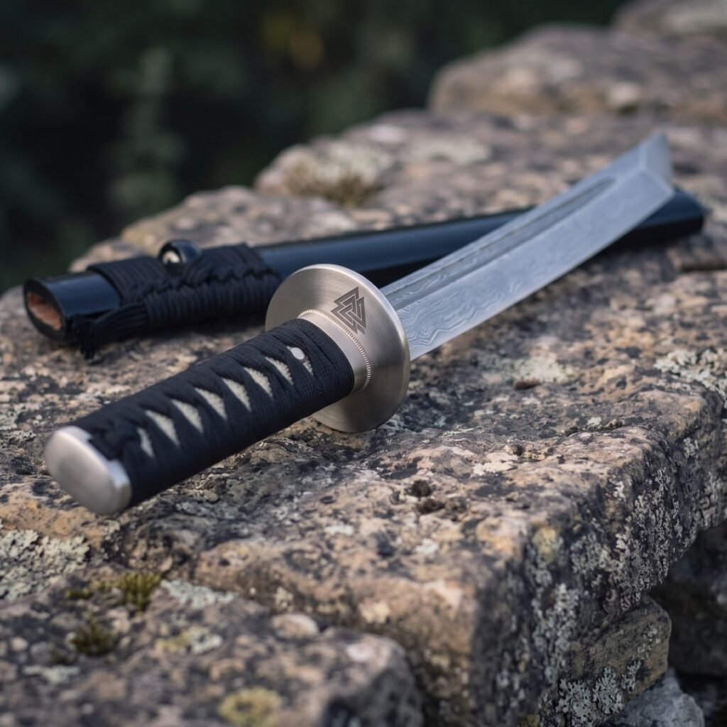 Damascus tanto with a shallow curved single edge and a valknut cut into the flat above the collar