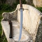 Trinehilt Hand Forged Damascus Wakizashi | Triquetra Engraved Brass Tsuba | Brown Leather Wrapped Tsuka and Hardwood Saya | Norse Collector Gift | RK-1879
