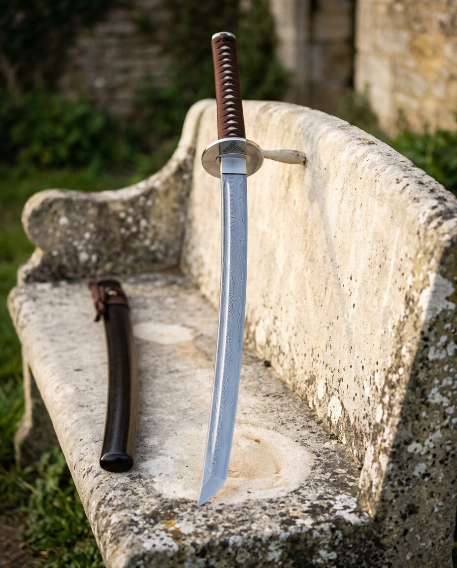 Damascus triquetra wakizashi with a brass oval tsuba and brown leather wrapped handle standing edge up on a weathered st Damascus triquetra wakizashi with a brass oval tsuba and brown leather wrapped handle standing edge up on a weathered stone bench beside its dark hardwood saya