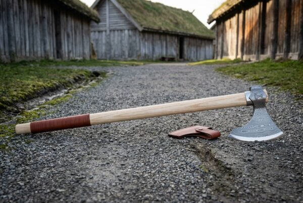Damascus Viking axe with a pattern welded bearded bit and Mjolnir stamped poll on a long white ash haft lying on gravel between turf roofed longhouses