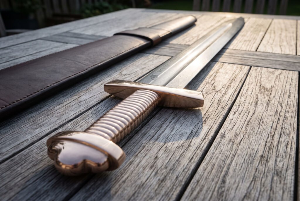 Damascus Viking sword hilt in close view showing the brass trilobate pommel and ribbed bone grip beside its brown leather scabbard on weathered decking