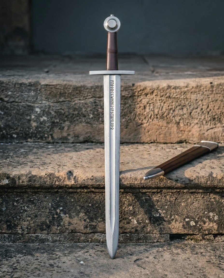 Damascus viking sword with Elder Futhark runes cut into the broad blade, leather wrapped grip and wheel pommel, standing Damascus viking sword with Elder Futhark runes cut into the broad blade, leather wrapped grip and wheel pommel, standing on stone steps beside a timber scabbard