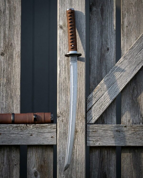 Damascus wakizashi sword with a ladder pattern blade, a brown leather wrapped handle and a knotwork tsuba, hanging against a weathered grey timber fence in bright sun