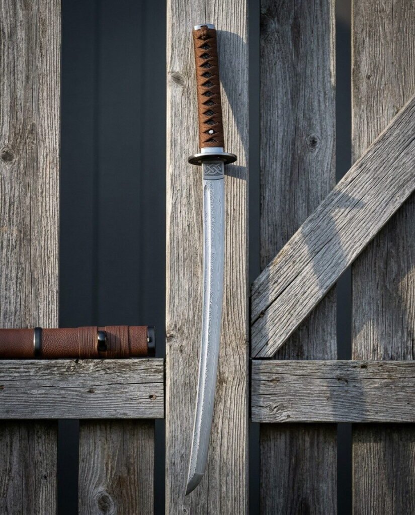Damascus wakizashi sword with a ladder pattern blade, a brown leather wrapped handle and a knotwork tsuba, hanging against a weathered grey timber fence in bright sun