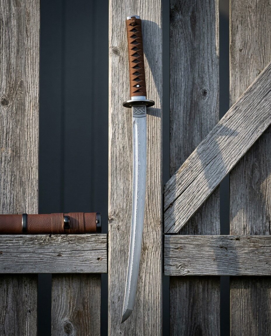 Damascus wakizashi sword with a ladder pattern blade, a brown leather wrapped handle and a knotwork tsuba, hanging again Damascus wakizashi sword with a ladder pattern blade, a brown leather wrapped handle and a knotwork tsuba, hanging against a weathered grey timber fence in bright sun