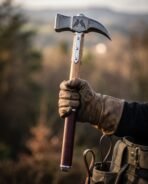 Damascus war hammer with raven etched head and steel langets held up in a gloved hand against an evening sky