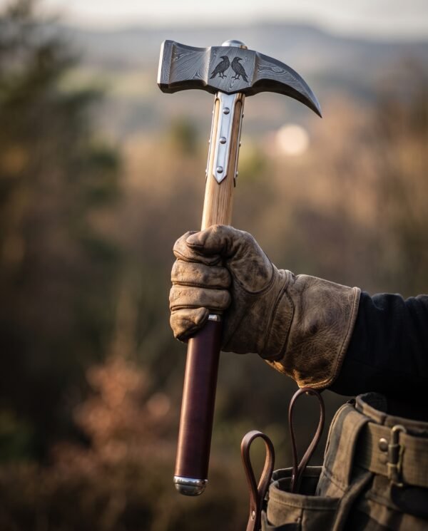 Damascus war hammer with raven etched head and steel langets held up in a gloved hand against an evening sky