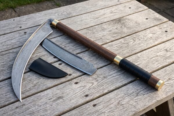 Reapcurve Hand Forged Damascus War Scythe Two Piece Set | 60 Inch Haft | Curved Damascus Head and Companion Blade with Black Leather Sheath | Norse Harvest Gift | RK-1941