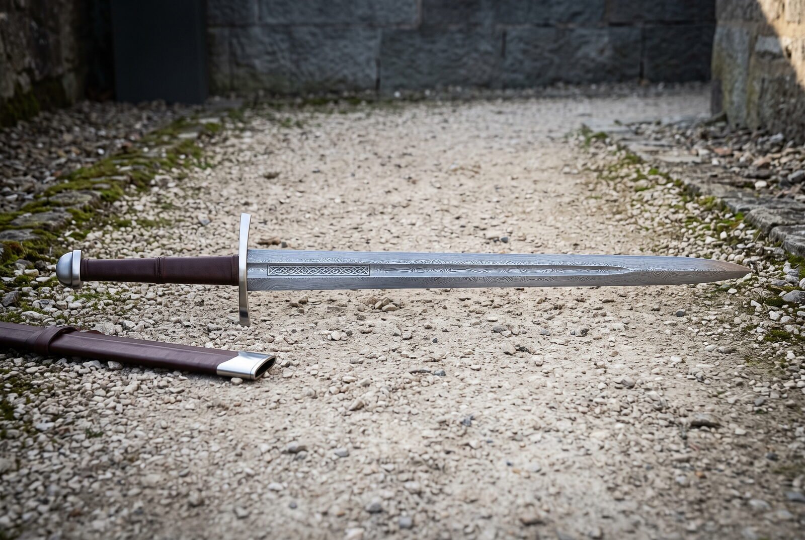 Damascus wheel pommel sword lying on pale gravel inside a stone gateway, showing a brown leather grip, straight steel cr Damascus wheel pommel sword lying on pale gravel inside a stone gateway, showing a brown leather grip, straight steel crossguard and a cut knotwork panel near the ricasso