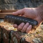 Dark natural horn beard comb with dotted border and vegvisir stave held in one hand above a lichen covered brick wall