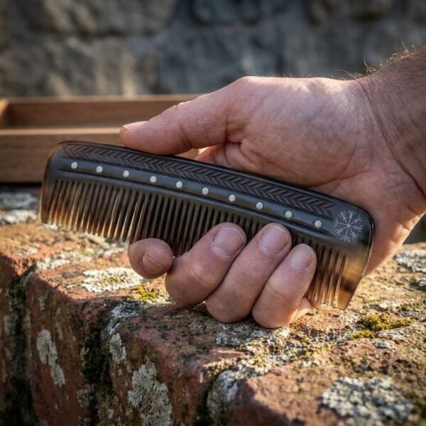 Dark natural horn beard comb with dotted border and vegvisir stave held in one hand above a lichen covered brick wall