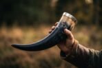Dark natural ox horn drinking horn with a steel rim held up in one hand against a sunlit field and tree line