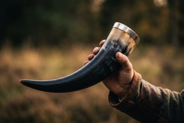 Dark natural ox horn drinking horn with a steel rim held up in one hand against a sunlit field and tree line