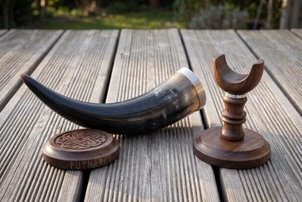 Dark ox horn drinking horn with stand in turned walnut, steel rim band and a carved knotwork coaster, photographed on weathered decking in low sun
