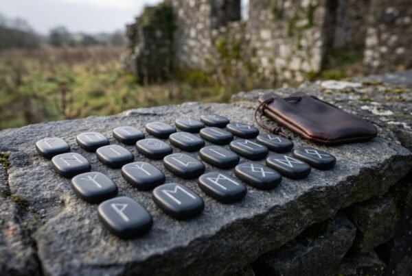 Set of dark slate rune stones engraved with the Elder Futhark laid in rows on a stone wall with a brown leather pouch behind