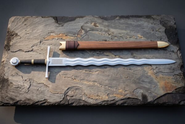 Disc pommel flamberge sword with a bright polished undulating wave blade, etched Celtic knot panel, black grip and brass mounted timber scabbard on a slate slab