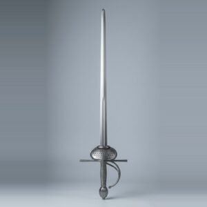 Dish hilt rapier trainer with a shallow pierced dish, knuckle bow and branch bar, steel wire wrapped grip and faceted olive pommel standing point up against a plain grey studio backdrop
