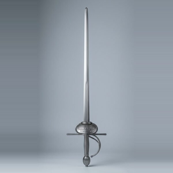 Dish hilt rapier trainer with a shallow pierced dish, knuckle bow and branch bar, steel wire wrapped grip and faceted olive pommel standing point up against a plain grey studio backdrop